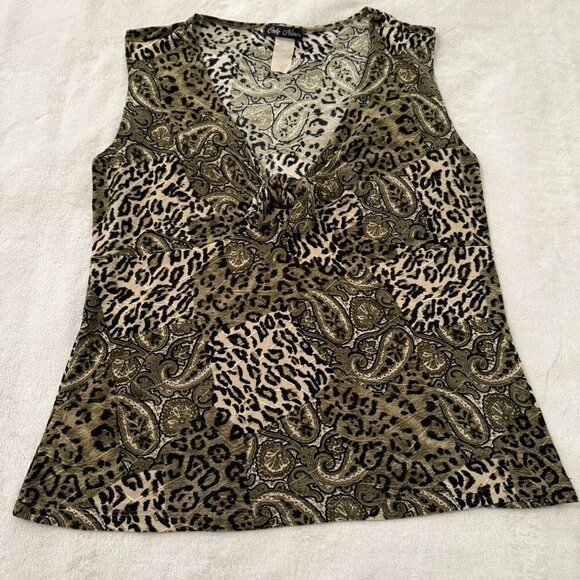 Only Nine Vintage 90s Y2K Olive Green Black Leopard Paisley Stretchy Tank Top XL - Picture 1 of 11